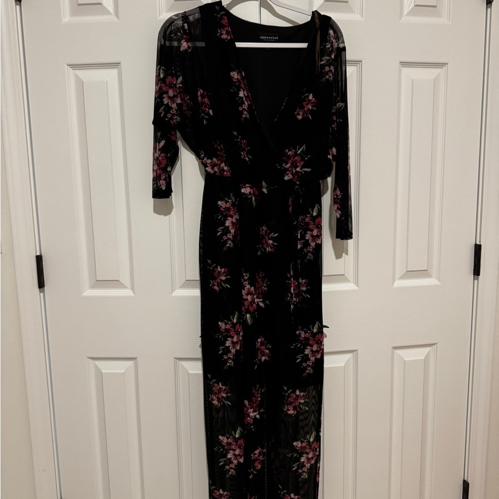 Connected Apparel Black Dress with Pink Floral Design